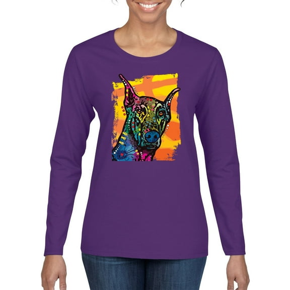 Cute Colorful Rainbow Doberman Dog Dog Lover Womens Graphic Long Sleeve T-Shirt, Purple, Small