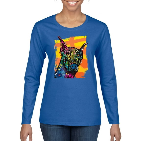 Cute Colorful Rainbow Doberman Dog Dog Lover Womens Graphic Long Sleeve T-Shirt, Royal, 2XL