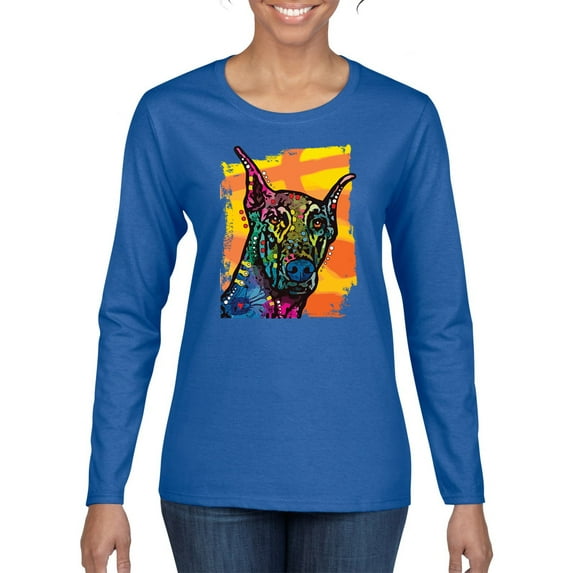 Cute Colorful Rainbow Doberman Dog Dog Lover Womens Graphic Long Sleeve T-Shirt, Royal, Small