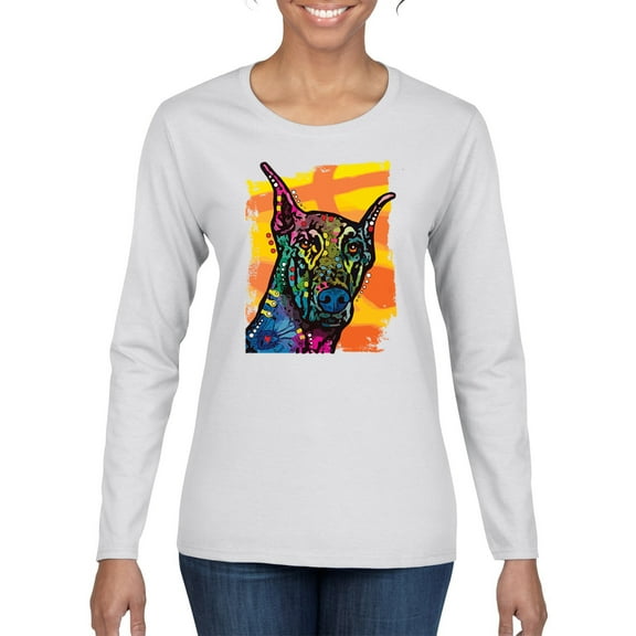 Cute Colorful Rainbow Doberman Dog Dog Lover Womens Graphic Long Sleeve T-Shirt, White, Large