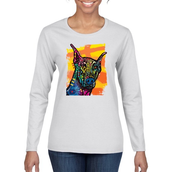 Cute Colorful Rainbow Doberman Dog Dog Lover Womens Graphic Long Sleeve T-Shirt, White, Small