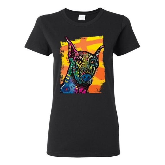 Cute Colorful Rainbow Doberman Dog Dog Lover Womens Graphic T-Shirt, Black, Small