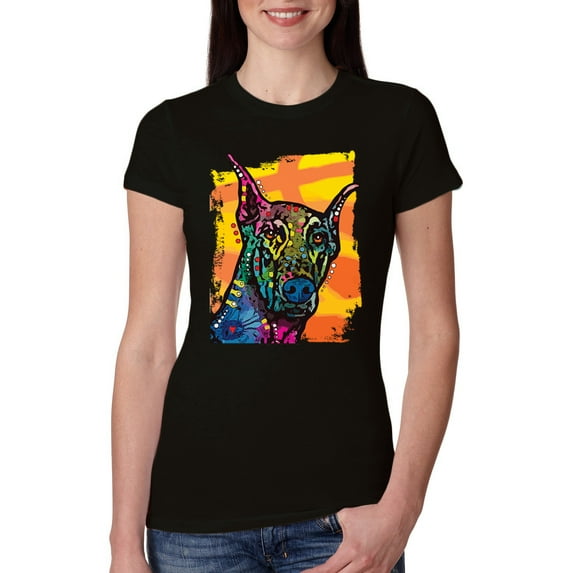 Cute Colorful Rainbow Doberman Dog Dog Lover Womens Slim Fit Junior Tee, Black, Small