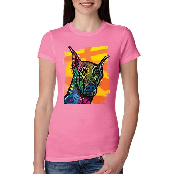 Cute Colorful Rainbow Doberman Dog Dog Lover Womens Slim Fit Junior Tee, Hot Pink, 2XL