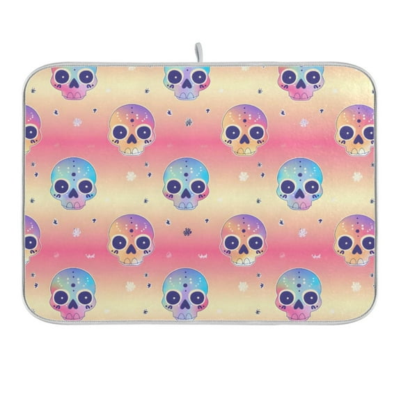 Cute Colorful Skull Head Dish Drying Mat 16x18 Absorbent Microfiber Draining Rack Pad for Kitchen Counter Sink
