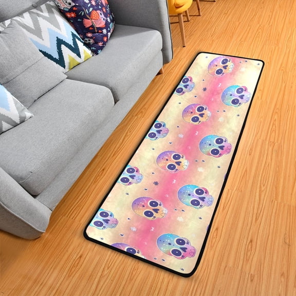 Cute Colorful Skull Head Hallway Runner Rug 2'X6' Non-Slip Washable Carpet Runner Kitchen Entryway Laundry Bedroom