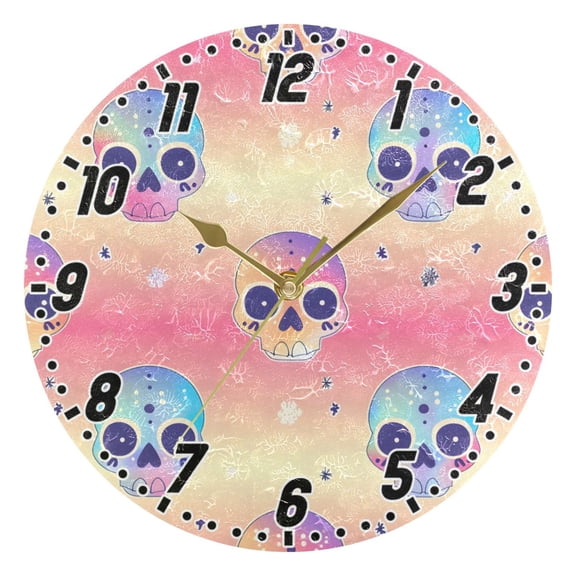 Cute Colorful Skull Head Round Wall Clock Battery Operated Silent Non-Ticking Bedroom Office Kitchen Home School Decor 10"(Gold)