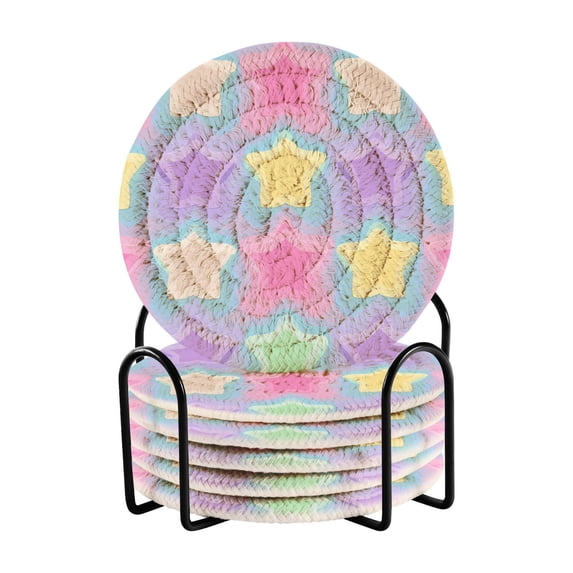 Cute Colorful Stars Drinking Coasters Cup Mat with Holder for Kitchen Cafe Bar 6 Packs