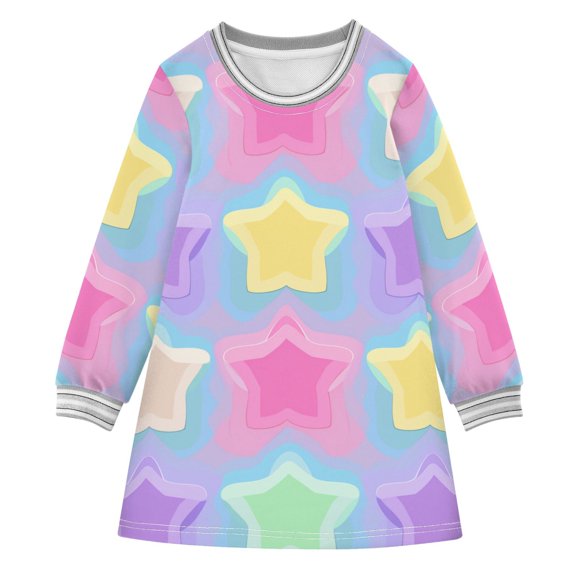 Cute Colorful Stars Long-sleeved Dress A-line One-Piece Dress for 2-8 Years Casual Party 7-8Y