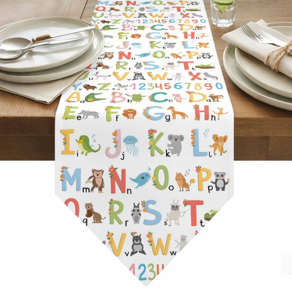 Cute Colorful Table Runner 36 Inches Long Cartoon Animal Alphabet Number Table Runners for Dining Room Tabletop Dresser Scarf Home Party Banquet Wedding Holiday Decoration