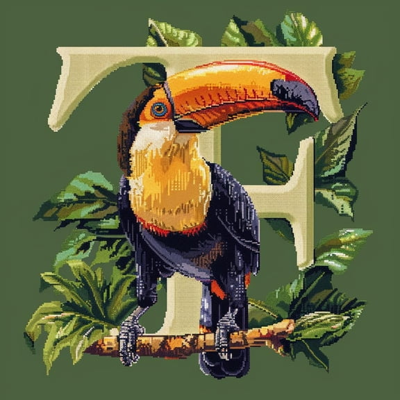 Cute Colorful Toucan with Letter T DIY 11CT Stamped Cross Stitch Kits for Beginners Easy Needlepoint Embroidery Counted Cross Stitch Art Craft for Wall Decoration 14x14inch(4)