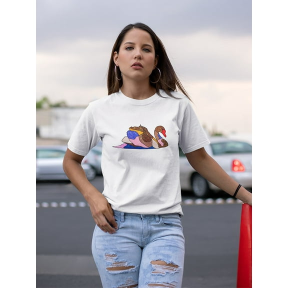 Cute Colors Swan Graphic Women White T-Shirt, Female Small