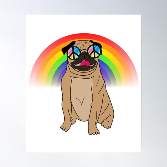 Cute Colourful Pug Puppy Dog Peace Sign Rainbow Hippie Poster Wall Art, Modern Wall Decor For Living Room Bedroom, 8x12 UNFRAMED