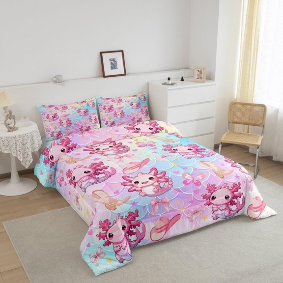 Cute  Comforter Set Twin Size with Gradient Pink Bowknot Fish Scale Design for Kids Girls Boys Room Decor