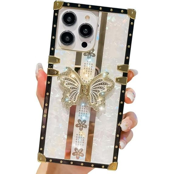 Cute Compatible with iPhone 14 Pro Case, Luxury Bling Butterfly Design with Foldable Stand Kickstand for Women & Girls, Flexible Shockproof Protective Case 6.1” (White)
