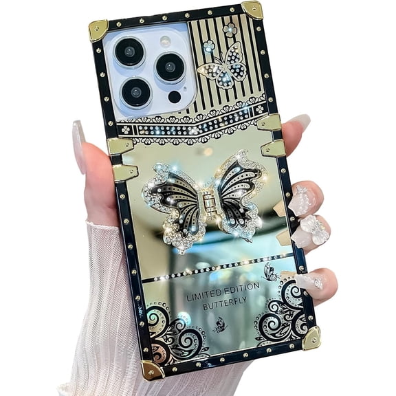 Cute Compatible with iPhone 14 Pro Max Case, Luxury Bling Butterfly Design with Foldable Stand Kickstand for Women & Girls, Glossy Mirror Shockproof Protective Case 6.7” (Black)