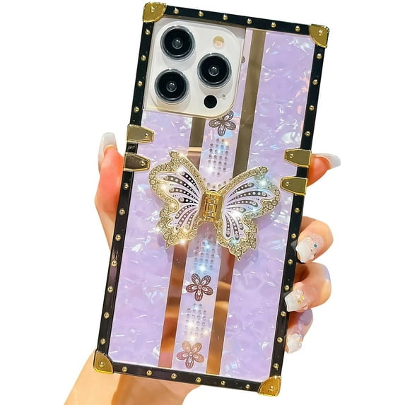 Cute Compatible with iPhone 15 Plus Case, Luxury Bling Butterfly Design with Foldable Stand Kickstand for Women & Girls, Flexible Shockproof Protective Case 6.7” (Purple)