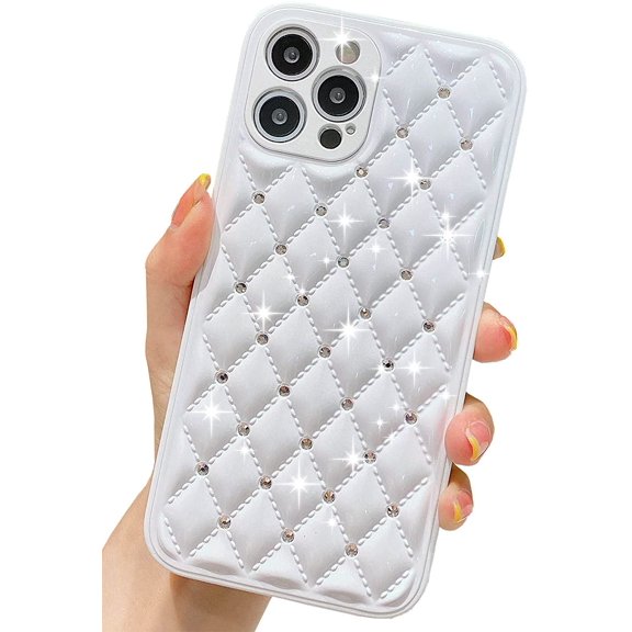 Cute Compatible with iPhone Diamond Case, Luxury Sparkle Bling Glitter Rhinestone Sturdy Hard PC Back + Soft TPU Edge Protective Phone Cases(White,iPhone 12 Pro)