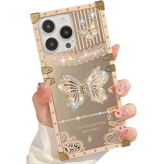 Cute Compatible with iPhone 16 Pro Max Case with Luxury Bling Glitter Butterfly Foldable Stand Kickstand,Girly Soft PC Mirror Bumper Protective Cover