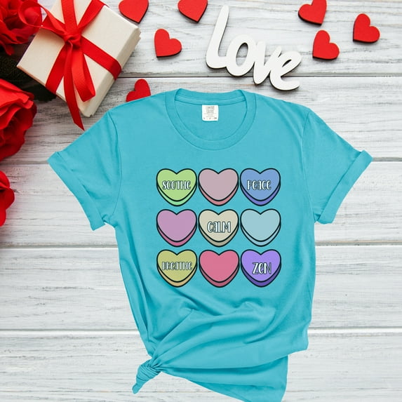 Cute Conversation Hearts Comfort Colors Valentine Shirt, Heart Candy Valentine Shirt for Women(Colors:Lagoon Blue; Sizes:2XL;)