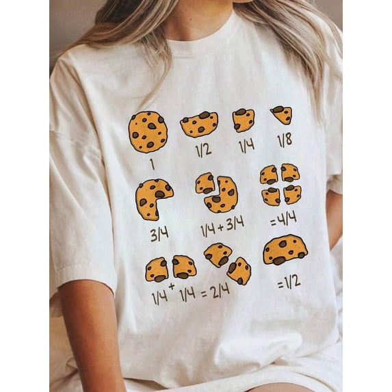 Cute Cookie Fraction Graphic T-Shirt for Teachers & Students, Funny Math Education Tee, Casual Crew Neck Short Sleeve Cotton Shirt, Mathematics Lover Gift