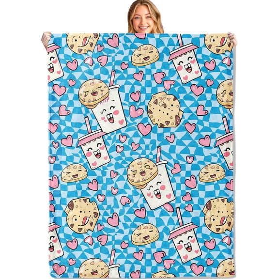 Cute Cookie Milk Blue Throw Blanket 60x80in, Soft Lightweight Flannel, Eccentric Food Milkshake Smile Cup Heart Blankets - Gifts for Adult, for Couch Office Travel Home Living Room Party Decor