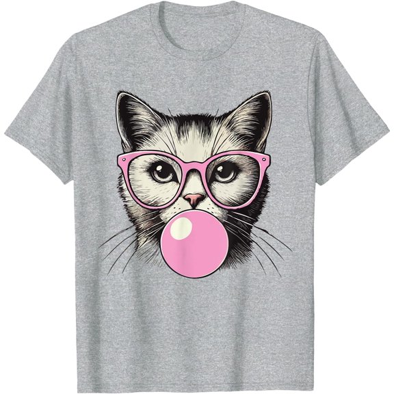 Cute Cool Cat Pink Glasses Gum Funny Cat Lovers Unisex T-Shirt for Men Women Kids Toddler,Sport Grey Color,Size 2T