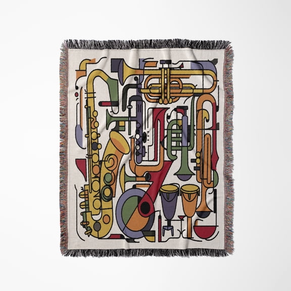 Cute Cool Fun Assorted Musical Instruments Abstract Art Music, Woven Blanket
