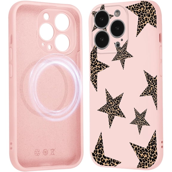 Cute Cool Star Phone Case for 16 Pro Max 6.9'', Aesthetic Pink Y2K Leopard Stars Pattern Design Magnetic Silicone Cover Soft Slim TPU Shockproof Protective Funda Case for Women Girls