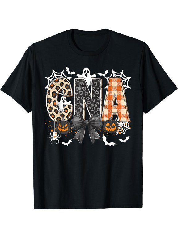 Cute Coquette CNA Nurse Pumpkin Leopard Halloween Spooky Nursing Graphic Tee for Men Women, Cute Medical Costume Short Sleeve T-Shirt, Casual Crew Neck Top for CNA Halloween Gift