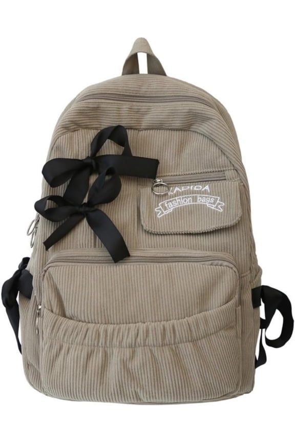 Cute Coquette Corduroy Backpack Bow Tie Large Korean Travel Book Bag College Aesthetic Preppy Daypack for Women (Gray)