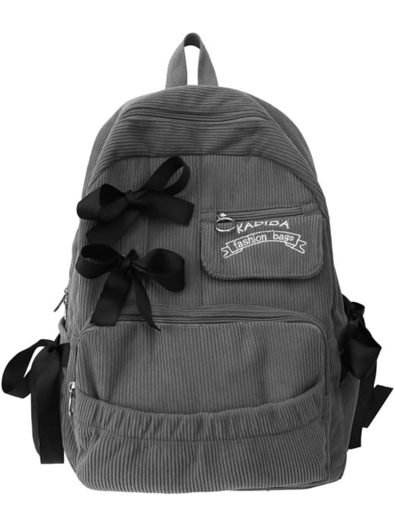 Cute Coquette Corduroy Backpack Bow Tie Large Korean Travel Book Bag College Aesthetic Preppy Daypack for Women (Gray)