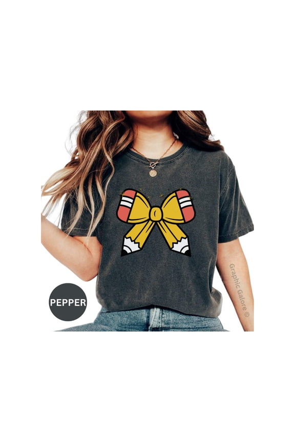 Cute Coquette Pencil Bow T-Shirt, Stylish Graphic Tee, Fashionable Pencil Bow Design, Trendy Coquette Tee, Fun Bow Graphic Shirt