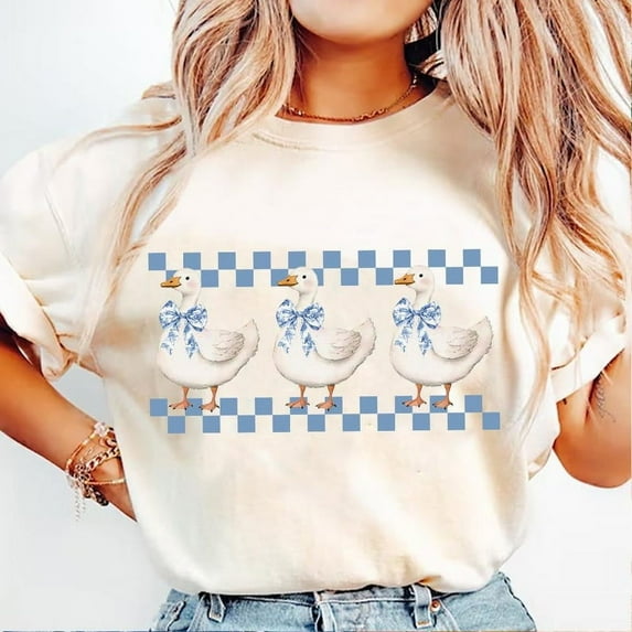 Cute Coquette T-shirt, Goose T-shirt, Goose Lover T-shirt, Blue Toile Coquette T-shirt, Checkered Girly T-shirt, Goose T-shirt, Cute Goose T-shirt.