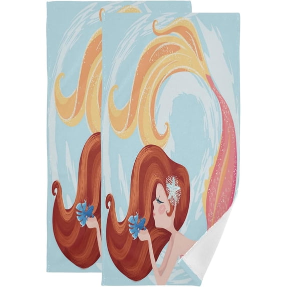 Cute Coral Mermaid Hand Towels 2 PCS, Little Blue Fish Kitchen Towel Ultra Soft and Highly Absorbent,Decorative Fingertip Face Towel for Bathroom Hotel, 28.3"x14.4"