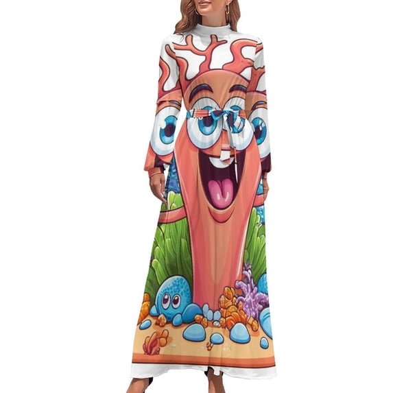 Cute Coral Reef Scene Women's Long Dress Long Sleeves Dress Vintage Dresses Party Maxi Dress High Waist Dress