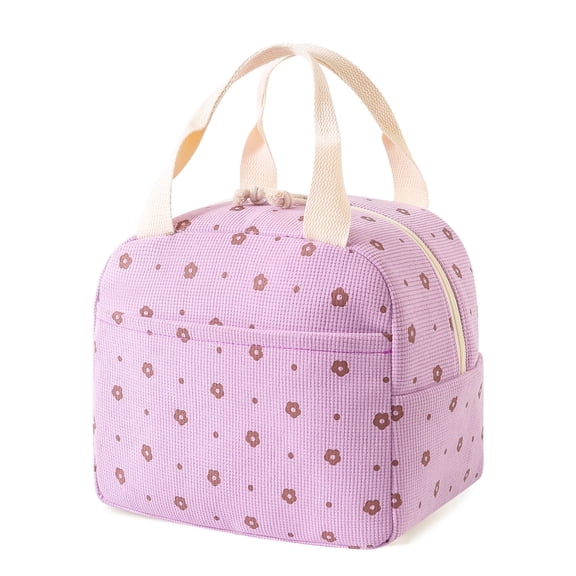 Cute Corduroy Lunch Bag for Women Men, Insulated Lunch Box Tote Bag Reusable Leakproof Bento Cooler Bag for Office Work Picnic Travel (Purple Flowers)