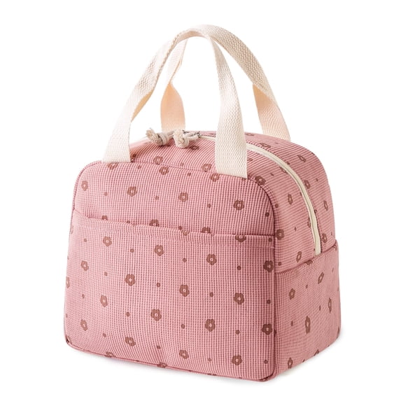 Cute Corduroy Lunch Bag for Women Men, Insulated Lunch Box Tote Bag Reusable Leakproof Bento Cooler Bag for Office Work Picnic Travel (Pink Flowers)