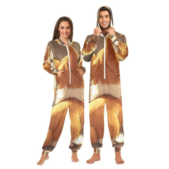 Cute Corgi Adult Onesie Pajamas Slim Fit Christmas One Piece Suit Pjs for Women and Men Hooded Zipper