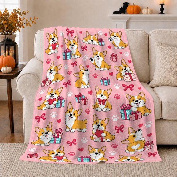 Cute Corgi Affection Wrapped Presents Playful Cartoon Pet, Playful Pet Portrait Pattern, Warm Flannel Blanket for Living Room and Reading Nook, Dog Lovers Friendship Gift, Pet Lover Home Decor