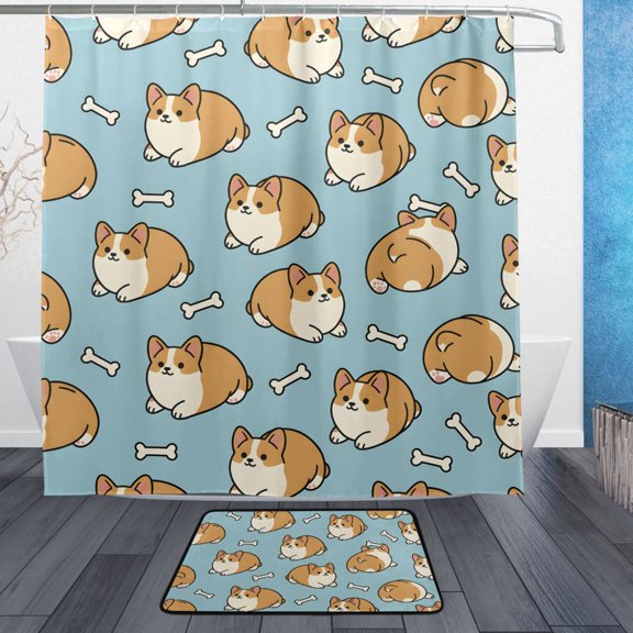 Cute Corgi Bathroom Accessory Sets Waterproof Shower Curtain with Absorbent Non-Slip Rug