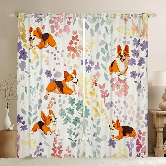 Cute Corgi Curtains,Rainbow Flower Dog Kawaii Curtains Corgi Lovers Gifts Bedroom,Colorful Floral Leaf Curtains Animal Print Window Curtains 2 Panels 42"Wx63"L