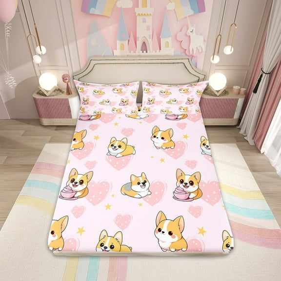 Cute Corgi Dog Bed Sheets Set Twin for Kids Boys Girls,Cartoon Puppy Dog Sheet Set,Pet Dogs Sheets,Love Heart Flat Fitted Sheet with 1 Pillowcase,Deep Pockets