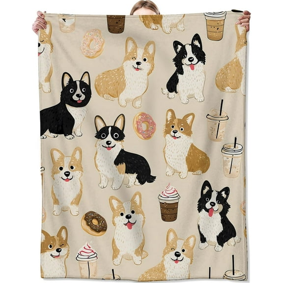 Cute Corgi Dog Blanket,Adorable Puppy with Donut and Coffee Flannel Throw for Kids,Girls,Pet Lovers as Gifts,Cozy Soft Blankets for Couch,Bed,Office,Camping,Decorative Throws,50×60 Inch