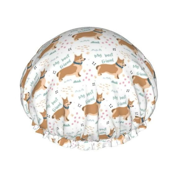 Cute Corgi Dog Funny Shower Cap, Double Layers Shower Cap Rreusable Waterproof, Elastic Bathing Hair Hat for Women, Washable Hair Cap for All Hair Lengths