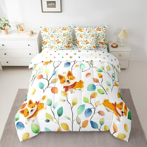 Cute Corgi Dog King Comforter Set 7pcs Boho Floral Bedding Comforter Sets, Colorful Leaves Bed in a Bag Abstract Watercolor Plant Bedding Set, Animal Theme Bed Sheets Set