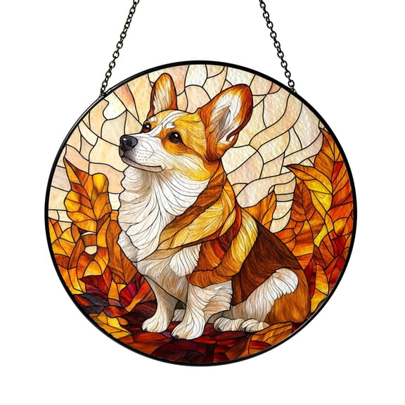 Cute Corgi Dog Puppy Illustration Stained Glass Style Window Hanging Suncatcher, Colorful Pet Lover Home Decor Gift