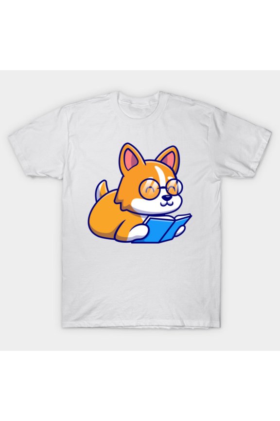Cute Corgi Dog Reading Book Cartoon Nerd Library Bookworm Unisex T-Shirt, for men & women, up to size 5XL
