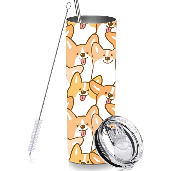 Cute Corgi Dog Skinny Tumblers with Lids and Straws, Stainless Steel Vacuum Insulated Double Wall Travel Tumbler Cups 20 OZ for Men Women