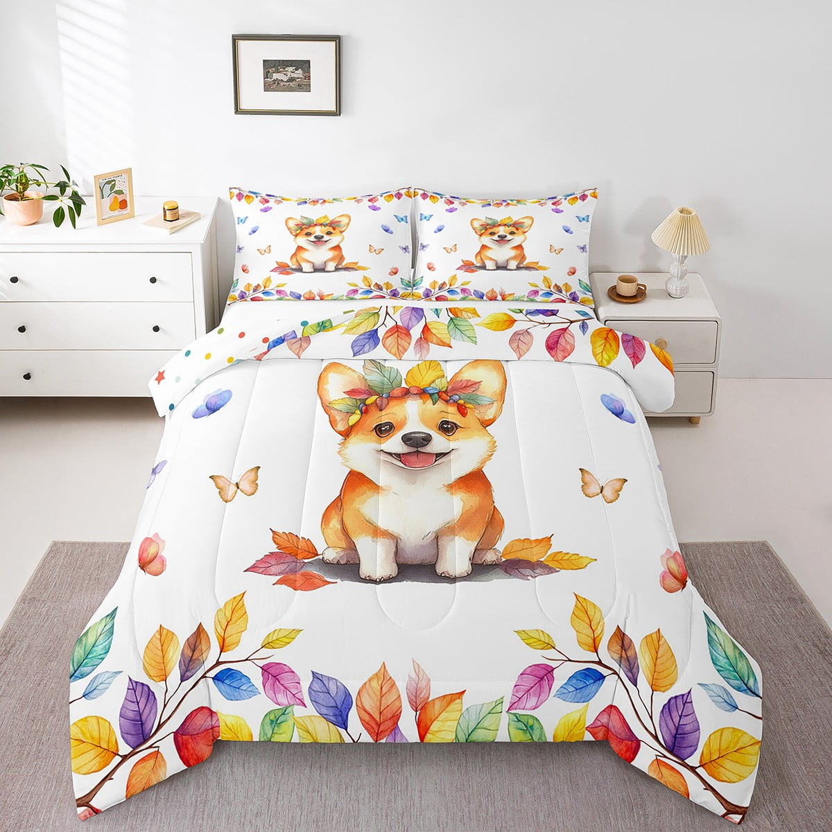BlessLiving Corgi Lover Comforter Set – 8-Piece Dog Print Bedding Queen Size With Sheets, Pillowcases & Sham